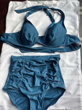 Shapermint Blue High-Waist Ruched Bikini Set